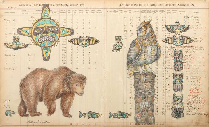 Drawing of a bear, owl and totems on an old ledger.